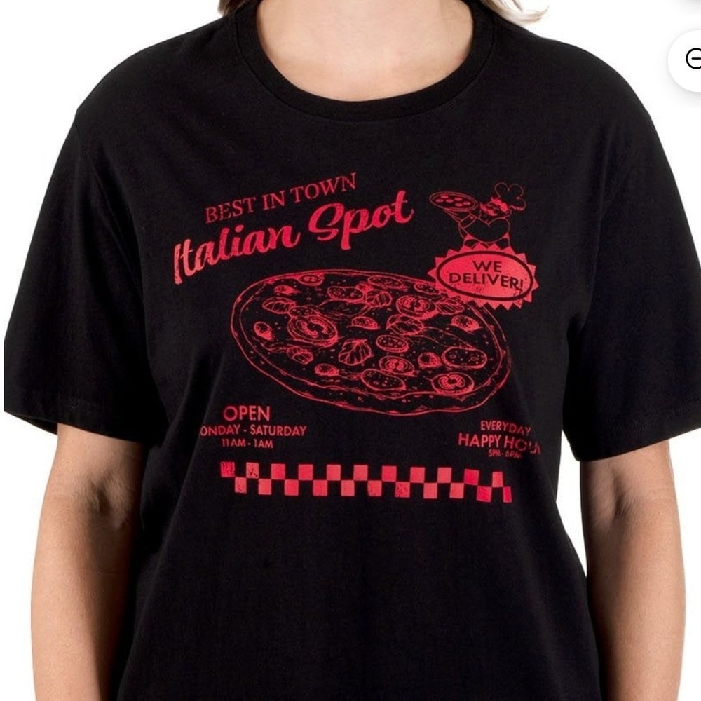 State of‎ Mine Italian Spot Pizza Graphic Tee Black Red Women's XS NWT